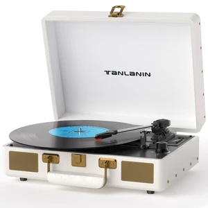 Vintage 3-Speed Bluetooth Portable USB Suitcase Record Player with Built-in Speakers Upgraded Vinyl Turntable Audio Sound, USB SD Card Recording&Playback, Portable Suitcase Design, White Leather Vintage 3-Speed Bluetooth Portable USB Suitcase Record Player with Built-in Speakers Upgraded Vinyl Turntable Audio Sound, USB SD Card Recording&Playback, Portable Suitcase Design, White Leather
