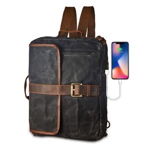RASS TACKS Leathercraft Waxed Canvas Convertible Backpack Briefcase Vintage Water-Resistant Waxed Canvas Bag with Leather Trim, Converts to Briefcase Backpack Shoulder Bag, USB Port RASS TACKS Leathercraft Waxed Canvas Convertible Backpack Briefcase Vintage Water-Resistant Waxed Canvas Bag with Leather Trim, Converts to Briefcase Backpack Shoulder Bag, USB Port