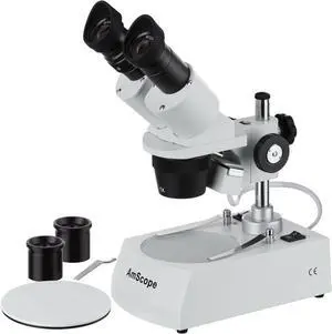 SE305R-PZ Forward Binocular Stereo Microscope, WF10x and WF20x Eyepieces, 10X-60X Magnification, 1X and 3X Objectives, Upper and Lower Halogen Light Source, Pillar Stand, 120V, White SE305R-PZ Forward Binocular Stereo Microscope, WF10x and WF20x Eyepieces, 10X-60X Magnification, 1X and 3X Objectives, Upper and Lower Halogen Light Source, Pillar Stand, 120V, White