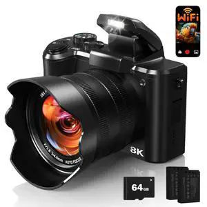 8K Digital Cameras for Photography, Autofocus 88MP WiFi Vlogging Camera for YouTube with Selfie Lens, Professional Video Camera with Flash, Touch Screen, Lens Hood, 64GB Card, 2 Batteries 8K Digital Cameras for Photography, Autofocus 88MP WiFi Vlogging Camera for YouTube with Selfie Lens, Professional Video Camera with Flash, Touch Screen, Lens Hood, 64GB Card, 2 Batteries