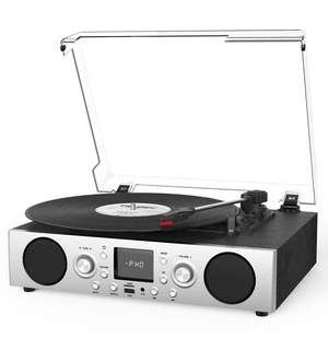 Record Player with Built-in Speakers, Belt-Driven Turntable with FM Radio & Bluetooth Receiver, 3-Speed Vinyl Player with USB Recording, RCA Line Out, AUX in & Auto Stop, Silver Black Record Player with Built-in Speakers, Belt-Driven Turntable with FM Radio & Bluetooth Receiver, 3-Speed Vinyl Player with USB Recording, RCA Line Out, AUX in & Auto Stop, Silver Black