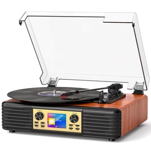 Vintage Vinyl Record Player with Speakers, PC Recording, Red | 3-speed belt drive Bluetooth turntable with LCD and alarm/sleep, RCA/AUX, headphone jack, retro wood décor gift for home Vintage Vinyl Record Player with Speakers, PC Recording, Red | 3-speed belt drive Bluetooth turntable with LCD and alarm/sleep, RCA/AUX, headphone jack, retro wood décor gift for home