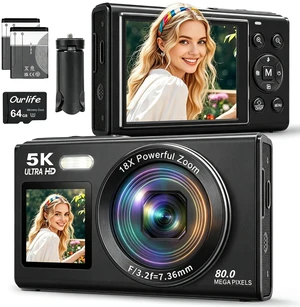 5K 80MP Digital Cameras for Photography with Tripod 2 Batteries 64GB | Dual Screen Autofocus Vlogging Camera for YouTube,Compact Point and Shoot Camera Good for Beginners Campus,Travel 5K 80MP Digital Cameras for Photography with Tripod 2 Batteries 64GB | Dual Screen Autofocus Vlogging Camera for YouTube,Compact Point and Shoot Camera Good for Beginners Campus,Travel