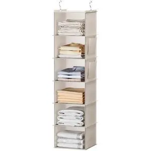 Hanging Closet Organizer, 6-Shelf Closet Hanging Storage with Side Pockets, Beige Hanging Closet Organizer, 6-Shelf Closet Hanging Storage with Side Pockets, Beige