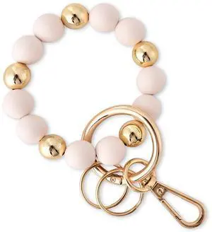 Wristlet Keychain Silicone Beaded Key Ring Bracelet for Women Elastic Bangle Key Chain Holder (Gold bead + white bead) Wristlet Keychain Silicone Beaded Key Ring Bracelet for Women Elastic Bangle Key Chain Holder (Gold bead + white bead)