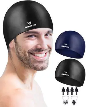 2 Pack Silicone Swim Cap for Men Women, Unisex Adult Swimming Caps for Short/Long Hair to Keep Hair Dry, Waterproof Bathing Caps for Swimming with Ear Plugs & Nose Clip Set(Black&Navy) 2 Pack Silicone Swim Cap for Men Women, Unisex Adult Swimming Caps for Short/Long Hair to Keep Hair Dry, Waterproof Bathing Caps for Swimming with Ear Plugs & Nose Clip Set(Black&Navy)