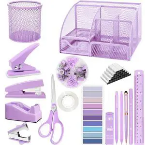 Purple Desk Accessories, 17Pcs Purple Office Supplies Set with Stapler, Mesh Desk Organizer, Tape Dispenser, Staple Remover, Pen Holder, Clips, Pens, Ruler, for Office Home School Women Students Gift Purple Desk Accessories, 17Pcs Purple Office Supplies Set with Stapler, Mesh Desk Organizer, Tape Dispenser, Staple Remover, Pen Holder, Clips, Pens, Ruler, for Office Home School Women Students Gift