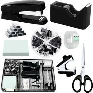 Black Office Desk Accessories, Black Office Supplies Set, Desk Drawer Organizer,Stapler and Tape Dispenser Set,Tape,Staple Remover, Staples, Paper Clips, Scissor and Sticky Note Black Office Desk Accessories, Black Office Supplies Set, Desk Drawer Organizer,Stapler and Tape Dispenser Set,Tape,Staple Remover, Staples, Paper Clips, Scissor and Sticky Note