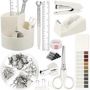 Beige Office Desk Accessories 12 Pcs Office Supplies Set 360° Rotating Pen Holder, Stapler, Tape Dispenser, Scissor, Sticky Notes, Binder Clips, Desk Organizers Gift for School Beige Office Desk Accessories 12 Pcs Office Supplies Set 360° Rotating Pen Holder, Stapler, Tape Dispenser, Scissor, Sticky Notes, Binder Clips, Desk Organizers Gift for School