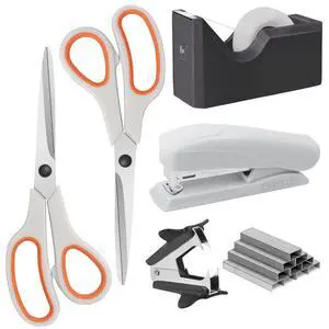 Office Supplies Kit, Desk Accessory Set, Including 2 Scissors, 1 Stapler,1000 Pieces 26/6 Staples, 1 Staple Remover, 1 Tape Dispenser and 1 Tape, Perfect Office Partners Office Supplies Kit, Desk Accessory Set, Including 2 Scissors, 1 Stapler,1000 Pieces 26/6 Staples, 1 Staple Remover, 1 Tape Dispenser and 1 Tape, Perfect Office Partners