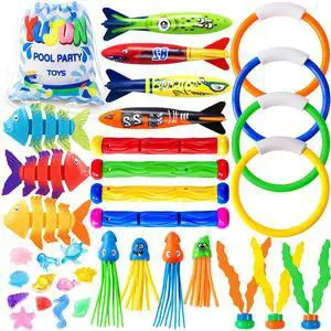 35PCS Pool Diving Swimming Toys, Summer Underwater Game Toys with Pool Fishes Dive Sticks Rings Gems Storage Bag for Kids Swim Birthday Party Favors 35PCS Pool Diving Swimming Toys, Summer Underwater Game Toys with Pool Fishes Dive Sticks Rings Gems Storage Bag for Kids Swim Birthday Party Favors