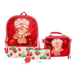 Strawberry Shortcake 5 Piece Backpack Set, Flip Sequin Girls School Bag with Front Zip Pocket, 2 Side Mesh Pockets, Pink & Red Strawberry Shortcake 5 Piece Backpack Set, Flip Sequin Girls School Bag with Front Zip Pocket, 2 Side Mesh Pockets, Pink & Red