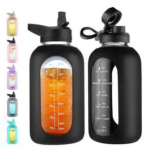 64 oz Glass Water Bottle Jug with Straw and Handle, Half Gallon Sports Motivational Water Bottle with Time Marker, Wide Mouth Flask Canteen with Silicone Sleeve for Gym, Black 64 oz Glass Water Bottle Jug with Straw and Handle, Half Gallon Sports Motivational Water Bottle with Time Marker, Wide Mouth Flask Canteen with Silicone Sleeve for Gym, Black