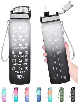32 oz Water Bottle, Leakproof BPA & Toxic Free, Motivational Water Bottle with Times to Drink and Straw, Fitness Sports Water Bottle with Strap for Office, Gym, Outdoor Sports, Gray-Black 32 oz Water Bottle, Leakproof BPA & Toxic Free, Motivational Water Bottle with Times to Drink and Straw, Fitness Sports Water Bottle with Strap for Office, Gym, Outdoor Sports, Gray-Black