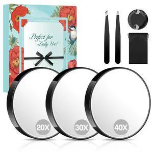 Magnifying Mirror Set, 20x&30x&40x Suction Cup Makeup Mirror, 2 Tweezers & Storage Bag, 3.5 Inch Compact Mirror for Travel, Bathroom, Home, Gifts for Women Magnifying Mirror Set, 20x&30x&40x Suction Cup Makeup Mirror, 2 Tweezers & Storage Bag, 3.5 Inch Compact Mirror for Travel, Bathroom, Home, Gifts for Women