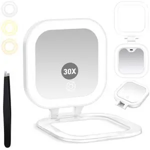 Travel Mirror with Light, Compact Mirrors, 1x/30x Magnifying Mirror with 3 Color Lights and Adjustable Brightness, 4.5x3.9 inch Small Compact Hangable Hand Pocket Mirrors, Comes with Tweezer Travel Mirror with Light, Compact Mirrors, 1x/30x Magnifying Mirror with 3 Color Lights and Adjustable Brightness, 4.5x3.9 inch Small Compact Hangable Hand Pocket Mirrors, Comes with Tweezer
