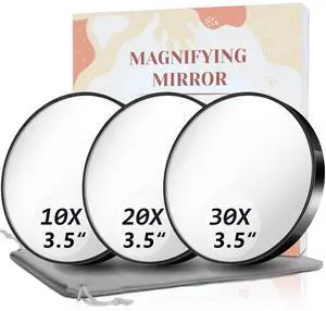 Magnifying Mirror, 10X & 20X & 30X Set, Magnified Mirrors 3.5" with Two Suction Cups, Travel Magnifying Mirror Set Comes with Portable Storage Bag, Compact Small Magnified Mirrors for Travel(Black) Magnifying Mirror, 10X & 20X & 30X Set, Magnified Mirrors 3.5" with Two Suction Cups, Travel Magnifying Mirror Set Comes with Portable Storage Bag, Compact Small Magnified Mirrors for Travel(Black)