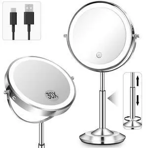 Makeup Mirror with Lights, 1X/30X Lighted Magnifying Mirror Height Adjustable, 3000mAh Rechargeable Double Sided Vanity Mirrors with 3 LED Lighting and Adjustable Brightness for Desk Women Gift Makeup Mirror with Lights, 1X/30X Lighted Magnifying Mirror Height Adjustable, 3000mAh Rechargeable Double Sided Vanity Mirrors with 3 LED Lighting and Adjustable Brightness for Desk Women Gift