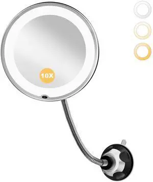 10x Makeup Mirror with Lights and Magnification,Flexible Gooseneck Magnifying Mirror with 3 Lighting and Adjustable Brightness,Battery Operated with Suction Cup for Bathroom Bedroom, Black 10x Makeup Mirror with Lights and Magnification,Flexible Gooseneck Magnifying Mirror with 3 Lighting and Adjustable Brightness,Battery Operated with Suction Cup for Bathroom Bedroom, Black