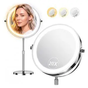 Lighted Makeup Mirror, 1X/20X Double-Sided Magnifying Vanity Mirror with Lights, 360° Rotation, 5000mAh Rechargeable Adjustable Brightness with 3 Colors for Dorm, Living Room, Women Gift Lighted Makeup Mirror, 1X/20X Double-Sided Magnifying Vanity Mirror with Lights, 360° Rotation, 5000mAh Rechargeable Adjustable Brightness with 3 Colors for Dorm, Living Room, Women Gift