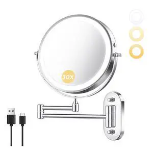 Wall Mounted Makeup Mirror with Light, 8 Inch 1X/30X Magnifying Mirror, Rechargeable 4000mAh, Double Sided, Extendable Arm, 360° Swivel Bathroom Mirror Wall Mounted Makeup Mirror with Light, 8 Inch 1X/30X Magnifying Mirror, Rechargeable 4000mAh, Double Sided, Extendable Arm, 360° Swivel Bathroom Mirror