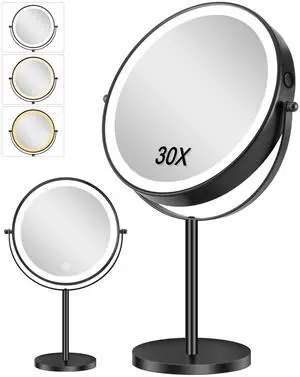 1X/30X Lighted Makeup Mirror, 9" Magnifying Mirror with 3 Color Dimmable Lights, Double Sided Makeup Mirror with Lights and Magnification, 360° Rotation Vanity, Gift for Women, Black 1X/30X Lighted Makeup Mirror, 9" Magnifying Mirror with 3 Color Dimmable Lights, Double Sided Makeup Mirror with Lights and Magnification, 360° Rotation Vanity, Gift for Women, Black