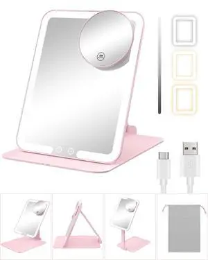 Travel Makeup Mirror with Lights and Magnification 10X, Portable Make Up Compact Tabletop Mirror with Adjustable Stand, 3 Colored Lights Rechargeable Lighted LED Vanity Mirror - Pink Travel Makeup Mirror with Lights and Magnification 10X, Portable Make Up Compact Tabletop Mirror with Adjustable Stand, 3 Colored Lights Rechargeable Lighted LED Vanity Mirror - Pink