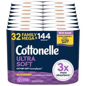 Ultra Soft Toilet Paper with Cushiony CleaningRipples Texture, 32 Family Mega Rolls = 144 Regular Rolls (8 Packs of 4) Ultra Soft Toilet Paper with Cushiony CleaningRipples Texture, 32 Family Mega Rolls = 144 Regular Rolls (8 Packs of 4)