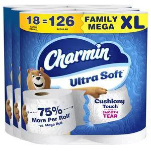 Ultra Soft Cushiony Touch Toilet Paper, 18 Family Mega XL = 126 Regular Rolls, 2-Ply, White Ultra Soft Cushiony Touch Toilet Paper, 18 Family Mega XL = 126 Regular Rolls, 2-Ply, White