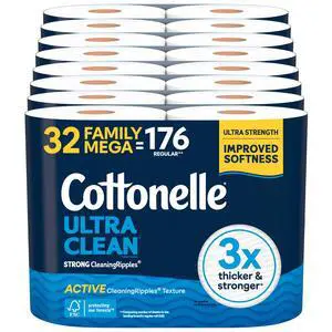 Ultra Clean Toilet Paper with Active CleaningRipples Texture, Strong Bath Tissue, 32 Family Mega Rolls = 176 Regular Rolls (8 Packs of 4) Ultra Clean Toilet Paper with Active CleaningRipples Texture, Strong Bath Tissue, 32 Family Mega Rolls = 176 Regular Rolls (8 Packs of 4)