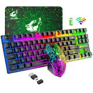 Wireless Gaming Keyboard and Mouse Combo,Rainbow Backlit Rechargeable 3800mAh Battery,87 Keys Mechanical Feel Ergonomic Waterproof Keyboard,RGB Gaming Mute Mouse and Mousepad for PC Gamers (Black) Wireless Gaming Keyboard and Mouse Combo,Rainbow Backlit Rechargeable 3800mAh Battery,87 Keys Mechanical Feel Ergonomic Waterproof Keyboard,RGB Gaming Mute Mouse and Mousepad for PC Gamers (Black)