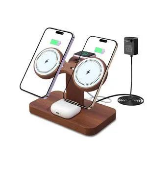 Magnetic Dual Wireless Charger for Apple Multiple Devices,Two Phone Charging Station for iPhone 17/16/15/14/13,AirPods & Apple Watch,Wood Charger Stand Desk Organizer,Gift for Men Dad Boyfriend Magnetic Dual Wireless Charger for Apple Multiple Devices,Two Phone Charging Station for iPhone 17/16/15/14/13,AirPods & Apple Watch,Wood Charger Stand Desk Organizer,Gift for Men Dad Boyfriend