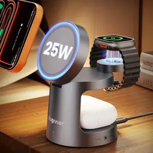 Qi2.2 25W 3 in 1 Charging Station for Apple Compatible with MagSafe Foldable Wireless Charger, Magnetic Charger with Night Light for iPhone 17/16/15/14/13/12, Apple Watch & AirPods(45W Adapter) Qi2.2 25W 3 in 1 Charging Station for Apple Compatible with MagSafe Foldable Wireless Charger, Magnetic Charger with Night Light for iPhone 17/16/15/14/13/12, Apple Watch & AirPods(45W Adapter)