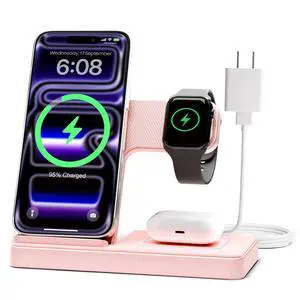 Wireless Charger Stand Charging Station: 3 in 1 Charger Stand Multiple Devices for Apple - iPhone 17 16e 16 15 14 Pro Max 13 12 - Watch 11 10 9 8 7 6 5 4 3 2 SE and Ultra Series-Airpods 4 3 Pro, Pink Wireless Charger Stand Charging Station: 3 in 1 Charger Stand Multiple Devices for Apple - iPhone 17 16e 16 15 14 Pro Max 13 12 - Watch 11 10 9 8 7 6 5 4 3 2 SE and Ultra Series-Airpods 4 3 Pro, Pink