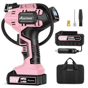 Cordless Tire Inflator Air Compressor, 20V Car Tire Pump w/ 12V DC Adapter, Rechargeable Li-ion Battery Operated Tire Compressor w/Digital Pressure Gauge, for Many Inflatables (Pink) Cordless Tire Inflator Air Compressor, 20V Car Tire Pump w/ 12V DC Adapter, Rechargeable Li-ion Battery Operated Tire Compressor w/Digital Pressure Gauge, for Many Inflatables (Pink)