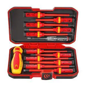 Insulated Electrician Screwdriver Set - 13pcs Electrical Tools Kit with Magnetic CR-V Steel Tips, Insulated Handle, Phillips, Slotted, Pozi, Torx Screwdrivers, VDE & GS Certified Insulated Electrician Screwdriver Set - 13pcs Electrical Tools Kit with Magnetic CR-V Steel Tips, Insulated Handle, Phillips, Slotted, Pozi, Torx Screwdrivers, VDE & GS Certified