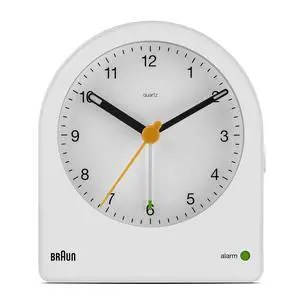 Classic Analogue Alarm Clock with Snooze and Continuous Backlight, Quiet Quartz Movement, Crescendo Beep Alarm in White, Model BC22W. Classic Analogue Alarm Clock with Snooze and Continuous Backlight, Quiet Quartz Movement, Crescendo Beep Alarm in White, Model BC22W.