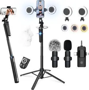 71" Content Creator Essentials Vlogging Kit - 2 Lights & 2 Mics, 360° Rotating Auto Face Tracking Tripod for iPhone/Android/Camera with Wireless Remote, No App for Vlog, Live, Video Record 71" Content Creator Essentials Vlogging Kit - 2 Lights & 2 Mics, 360° Rotating Auto Face Tracking Tripod for iPhone/Android/Camera with Wireless Remote, No App for Vlog, Live, Video Record