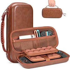 Switch 2 Case, Hard EVA Shell PU Leather Switch 2 Carrying Case for NS2, Built-in Tracker Slot, 19 Game Card & 2 SD Slots, Zipper Mesh Pocket, Travel Storage Bag with Carrying Strap (Brown) Switch 2 Case, Hard EVA Shell PU Leather Switch 2 Carrying Case for NS2, Built-in Tracker Slot, 19 Game Card & 2 SD Slots, Zipper Mesh Pocket, Travel Storage Bag with Carrying Strap (Brown)