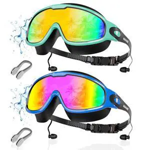 New Adult Wide View Swim Goggles, Anti-Fog/UV No Leak Swimming Goggles with Ear Plugs for Men & Women New Adult Wide View Swim Goggles, Anti-Fog/UV No Leak Swimming Goggles with Ear Plugs for Men & Women