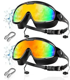New Adult Wide View Swim Goggles, Anti-Fog/UV No Leak Swimming Goggles with Ear Plugs for Men & Women New Adult Wide View Swim Goggles, Anti-Fog/UV No Leak Swimming Goggles with Ear Plugs for Men & Women