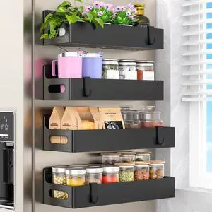 4 Pack Magnetic Spice Seasoning Rack for Refrigerator, Magnetic Shelf Holder for Fridge with 4 Hooks for Kitchen Organization Storage, Black 4 Pack Magnetic Spice Seasoning Rack for Refrigerator, Magnetic Shelf Holder for Fridge with 4 Hooks for Kitchen Organization Storage, Black