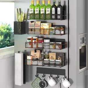 Magnetic Spice Rack for Refrigerator, 7 Pack Metal Shelf Black , Moveable Organizer with Hook Rack, Paper Towel Holder, Kitchenware Strong Storage Fridge Magnetic Spice Rack for Refrigerator, 7 Pack Metal Shelf Black , Moveable Organizer with Hook Rack, Paper Towel Holder, Kitchenware Strong Storage Fridge