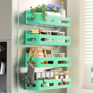 4 Pack Strong Magnetic Spice Rack for Refrigerator, Multipurpose Magnetic Shelf for Fridge with 4 Hooks for kitchen and Bathroom Organization, Green 4 Pack Strong Magnetic Spice Rack for Refrigerator, Multipurpose Magnetic Shelf for Fridge with 4 Hooks for kitchen and Bathroom Organization, Green