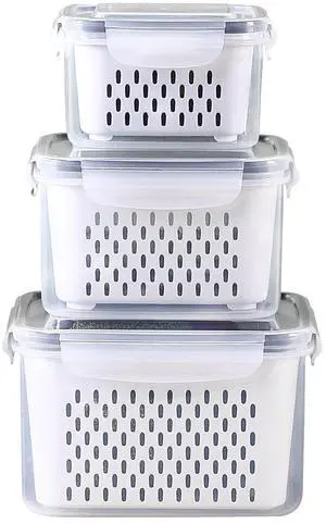 3Pack Fridge Food Storage Container Set with Lids with Strainer, Fruit Vegetable Storage Containers Keep Fruits, Vegetables, Berry, Meat Fresh longer, BPA-Free Plastic Produce Keepers 3Pack Fridge Food Storage Container Set with Lids with Strainer, Fruit Vegetable Storage Containers Keep Fruits, Vegetables, Berry, Meat Fresh longer, BPA-Free Plastic Produce Keepers