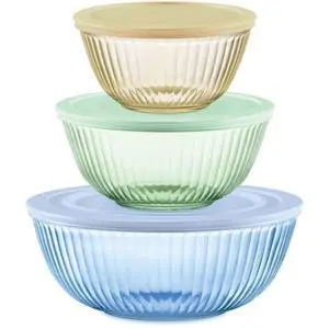 Colors Tinted (3-Pack, Full Set) Sculpted Tinted Glass Mixing Bowls With Plastic Lids, Nesting Space Saving Set of Bowls For Prepping and Baking, 1.3QT, 2.3QT & 4.5QT Colors Tinted (3-Pack, Full Set) Sculpted Tinted Glass Mixing Bowls With Plastic Lids, Nesting Space Saving Set of Bowls For Prepping and Baking, 1.3QT, 2.3QT & 4.5QT