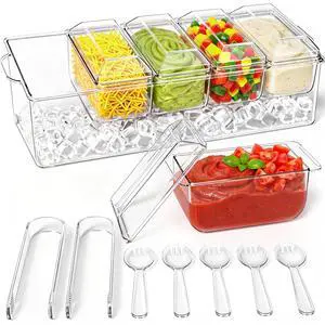 Condiment Tray, Chilled Condiment Server for Home, Party, Celebration, Bar Garnish Holder on Ice, Bar Accessories Fruit and Salad with Removable Trays and Lids (5 Spoons & 2 Tongs) Condiment Tray, Chilled Condiment Server for Home, Party, Celebration, Bar Garnish Holder on Ice, Bar Accessories Fruit and Salad with Removable Trays and Lids (5 Spoons & 2 Tongs)