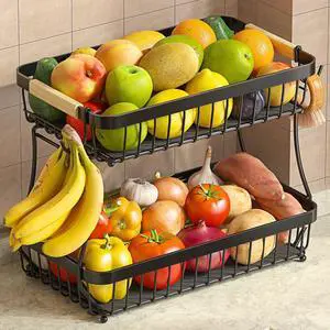 2-Tier Fruit Basket with Banana Hangers, Detachable Metal Bowl 2-Tier Fruit Basket with Banana Hangers, Detachable Metal Bowl