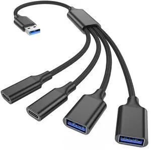 USB Splitter Cable 1 in 4 Out, 2 USB A & 2 USB C Multiport Extender Hub 1FT USB Splitter Cable 1 in 4 Out, 2 USB A & 2 USB C Multiport Extender Hub 1FT