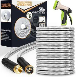 Garden Hose 50 ft, Stainless Steel Water Hose with 10 Function Nozzle Flexible, Heavy Duty, Lightweight, No-Kink, Pet Proof, Puncture Proof Hose Metal for Yard, Outdoor Garden Hose 50 ft, Stainless Steel Water Hose with 10 Function Nozzle Flexible, Heavy Duty, Lightweight, No-Kink, Pet Proof, Puncture Proof Hose Metal for Yard, Outdoor